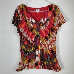 Worthington Womans Top 1X  Multicolor Pleated V-Neck Draping Short Sleeve Shirt
